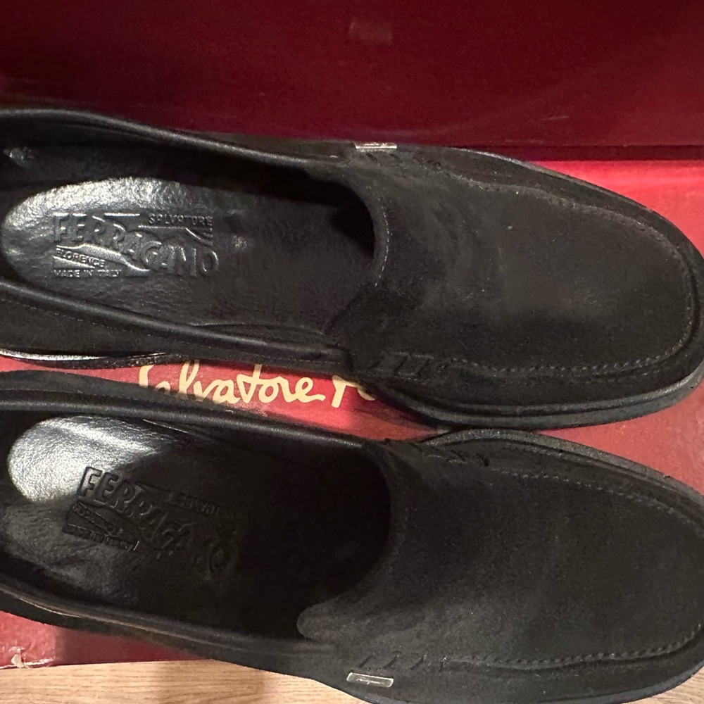 Salvatore Ferragamo Black Suede Slip-On Loafers